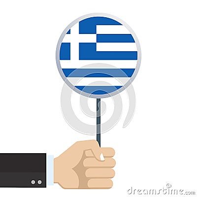 Greece circular flag. Hand holding round Greek flag. National symbol. Vector illustration. Vector Illustration